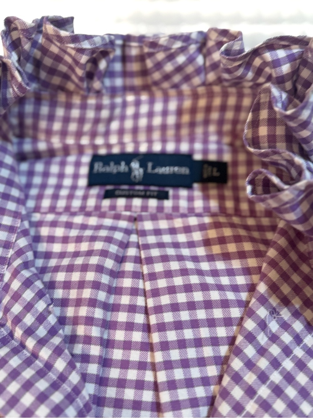 Upcycled Men’s Ralph Lauren Lavender and White Gingham Ruffle Collar Shirt - Picture 5 of 8